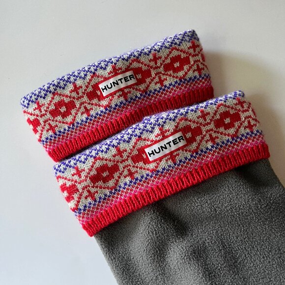 Hunter Fairisle Knit Cuff Fleece Welly Boot Socks Red Purple Gray ML US (M) 7-9 - Picture 1 of 6